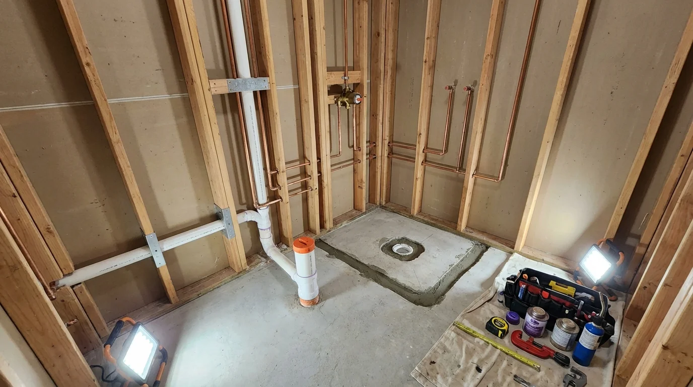 Bathroom rough-in plumbing during remodel by Johns Plumbing LLC in Terre Haute