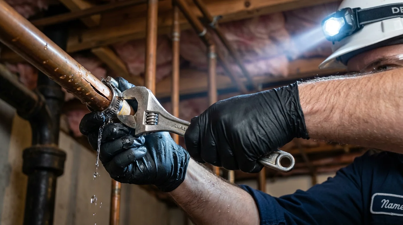 Emergency pipe clamp repair being performed by a Johns Plumbing LLC plumber in Terre Haute