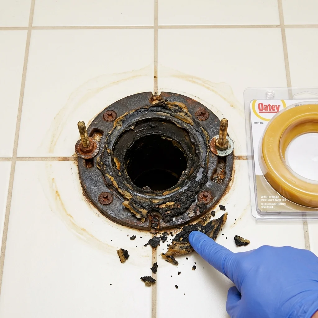Failed wax ring showing water seepage at the base of a toilet in a Terre Haute, IN home