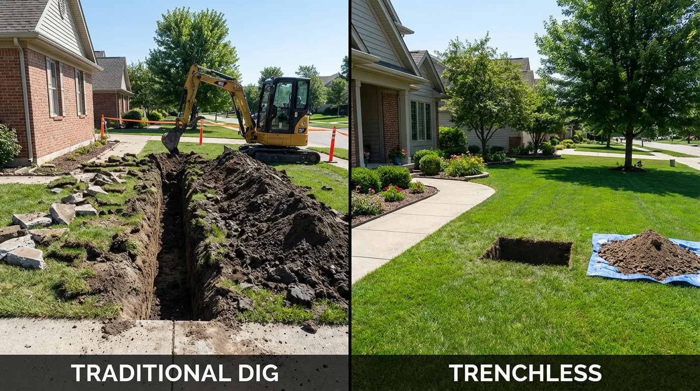 Trenchless sewer repair with minimal yard damage versus traditional excavation in Terre Haute, IN