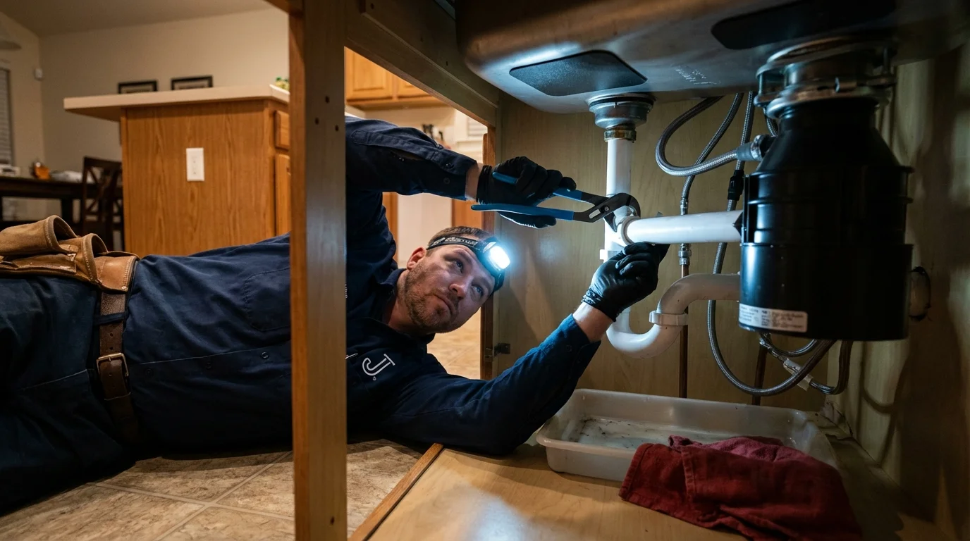 P-trap and supply line connections under a kitchen sink showing a common leak point in Terre Haute, IN